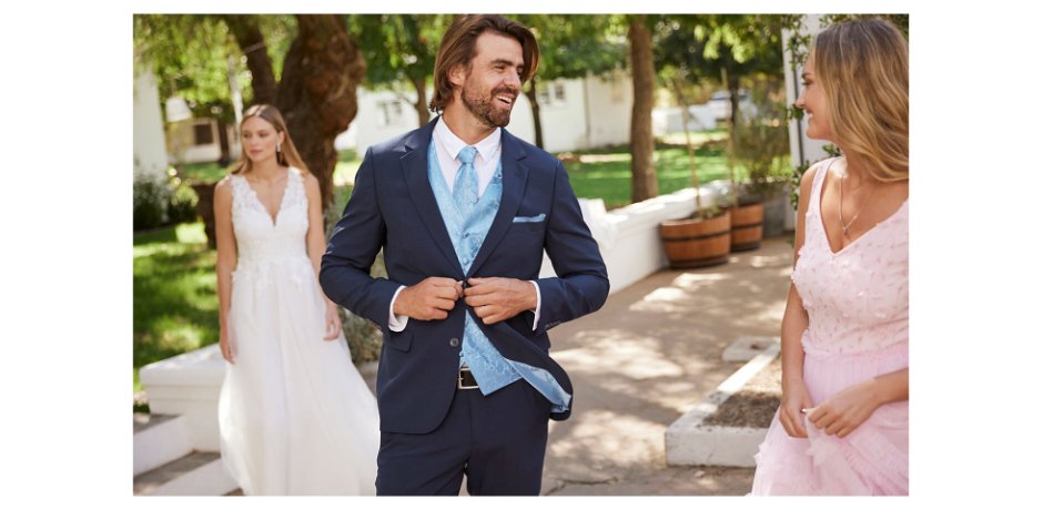 Heren - Slim fit trouwpak (5-dlg. set): colbert, broek, gilet, stropdas, pochet - donkerblauw