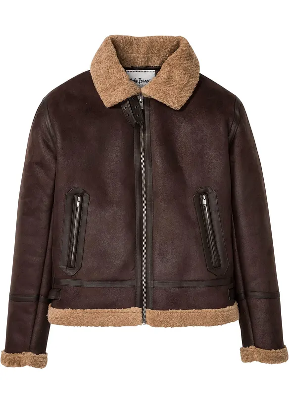 Korte imitatieleren jack met teddy voering, bonprix