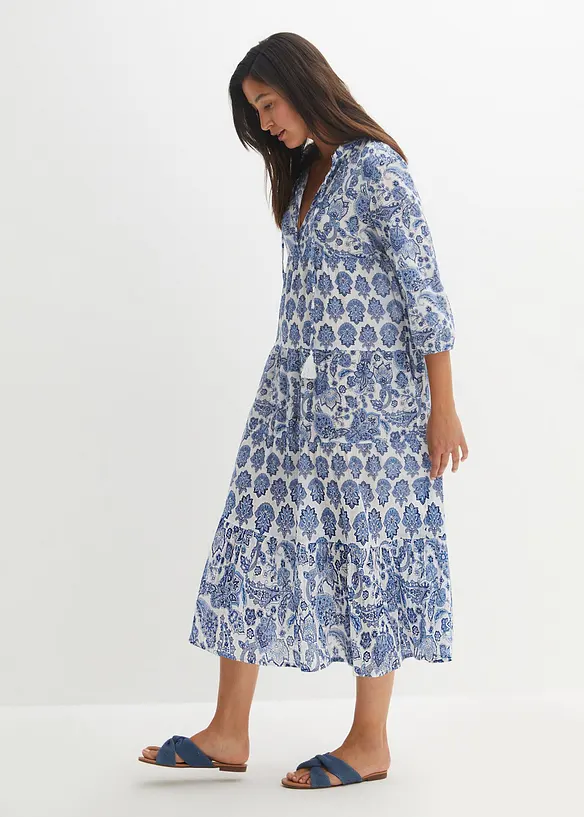 Crinkle midi jurk van katoen met zakken en 3/4 mouwen, bonprix