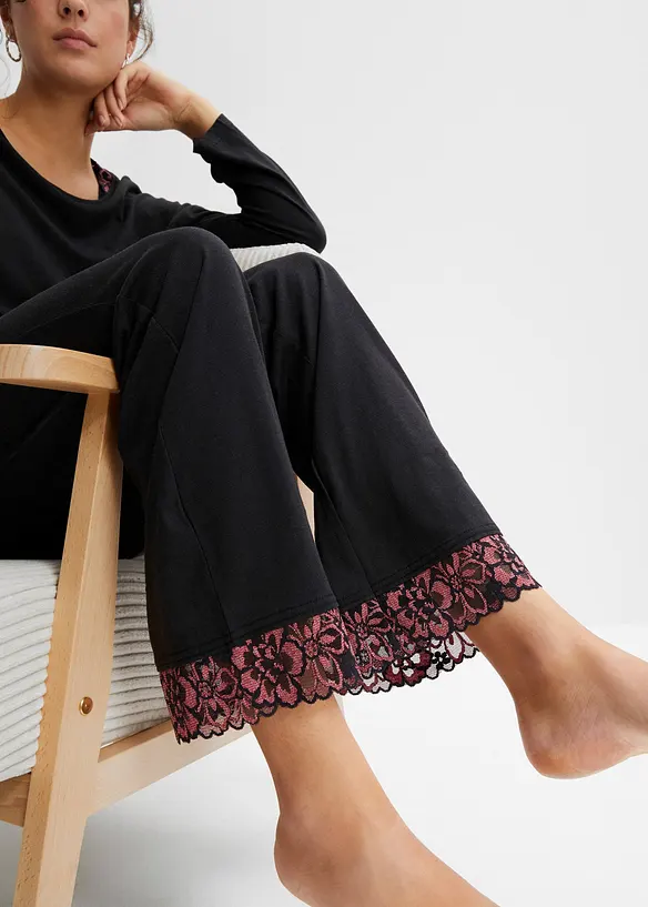Pyjama met viscose en tweekleurige kant (2-dlg.), bpc bonprix collection