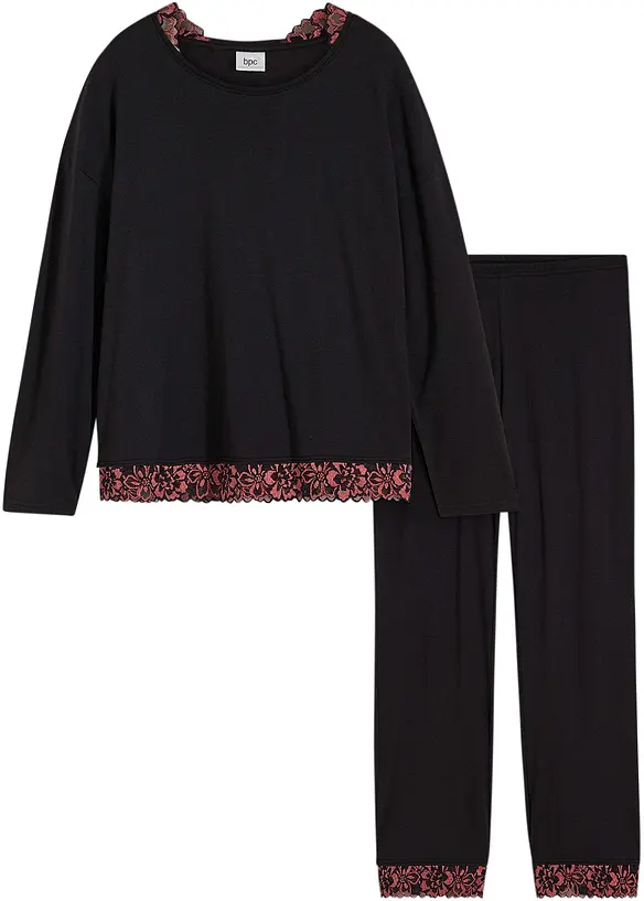 Pyjama met viscose en tweekleurige kant (2-dlg.), bpc bonprix collection