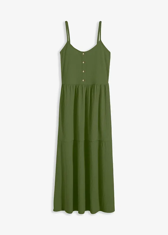 Jersey jurk in midilengte met volants en een decoratieve knoopsluiting, bonprix
