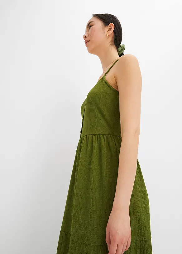 Jersey jurk in midilengte met volants en een decoratieve knoopsluiting, bonprix