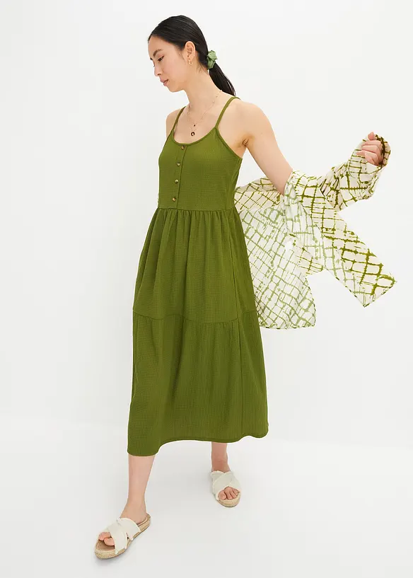 Jersey jurk in midilengte met volants en een decoratieve knoopsluiting, bonprix