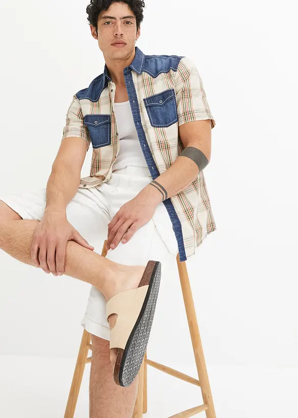 Overhemd met denim details en korte mouwen, bonprix