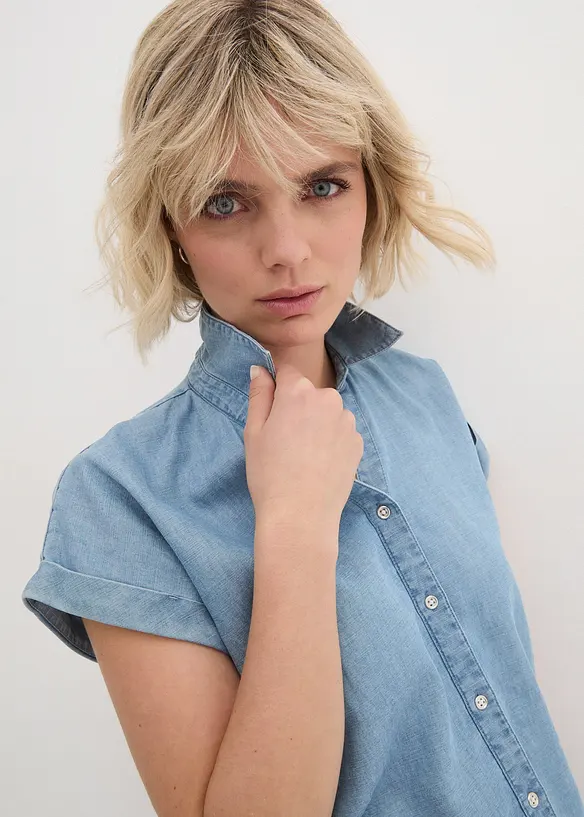 Spijkerblouse met linnen en korte mouwen, bonprix