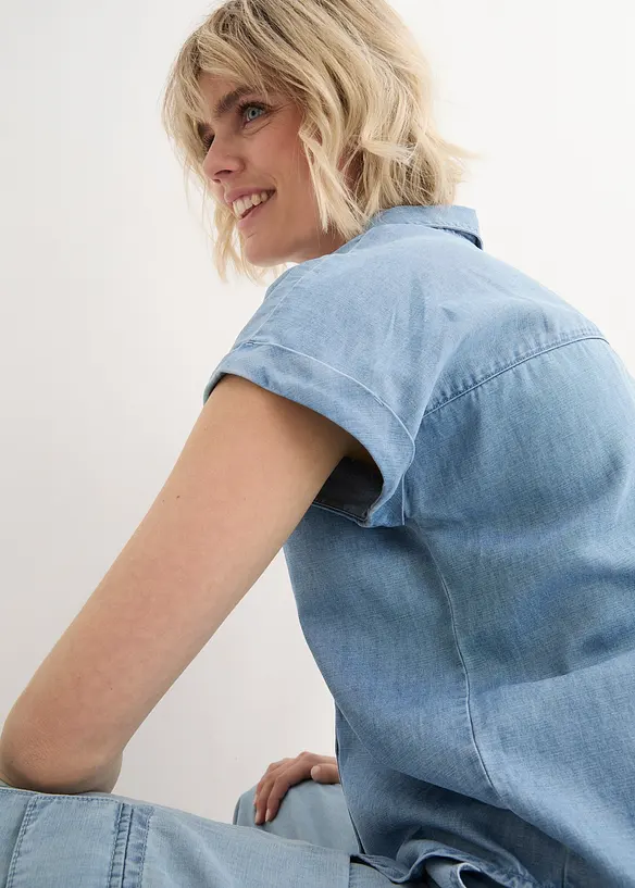Spijkerblouse met linnen en korte mouwen, bonprix