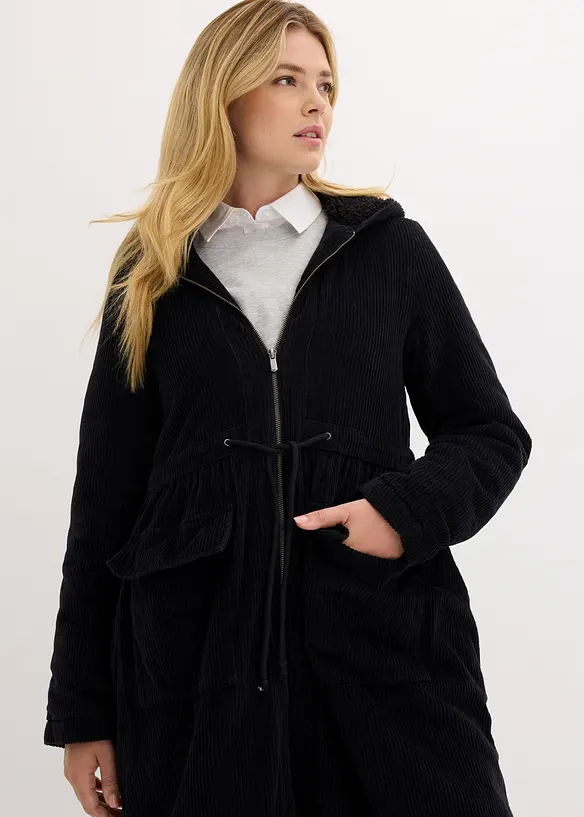 Lange corduroy jas met teddy fleece capuchon, bonprix