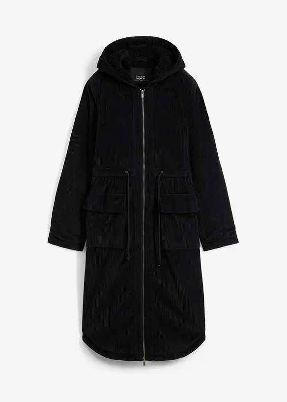 Lange corduroy jas met teddy fleece capuchon, bonprix
