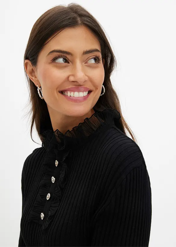 Fijn gebreid shirt met chiffon volants, bonprix