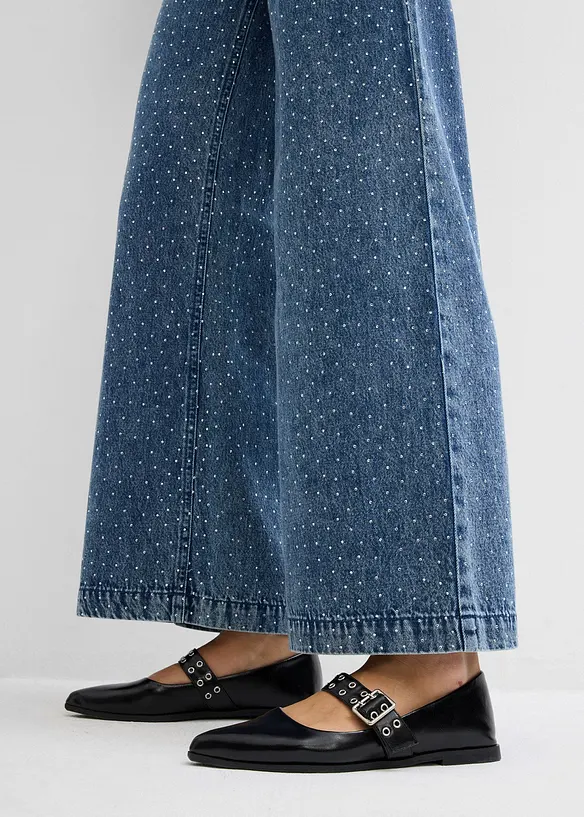 Wide leg jeans, mid waist, met strass, bonprix
