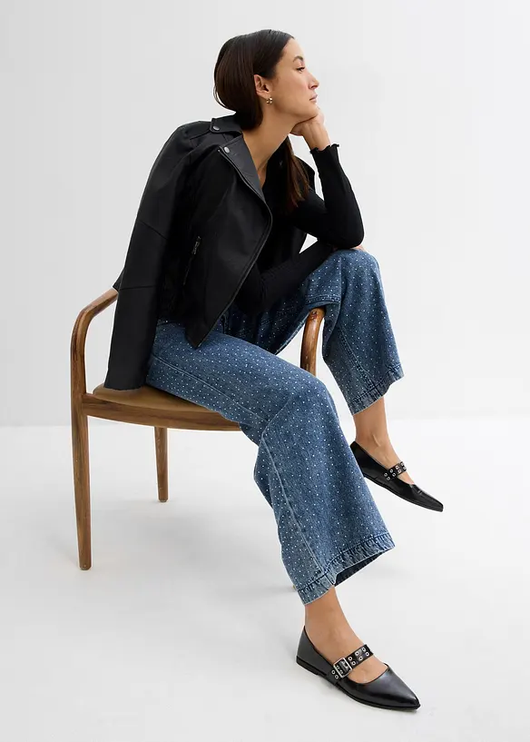 Wide leg jeans, mid waist, met strass, bonprix