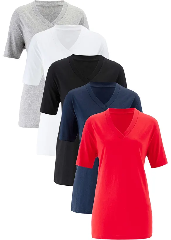 Wijd longshirt met V-hals, korte mouw (set van 5), bonprix