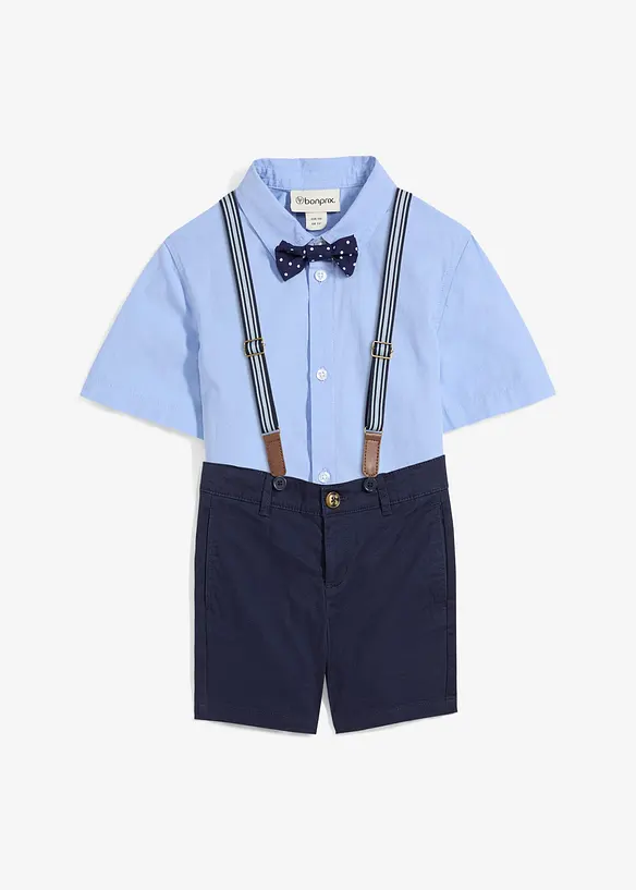Overhemd met korte mouwen, chino bermuda, bretels en vlinderdas (4-dlg. set), bonprix