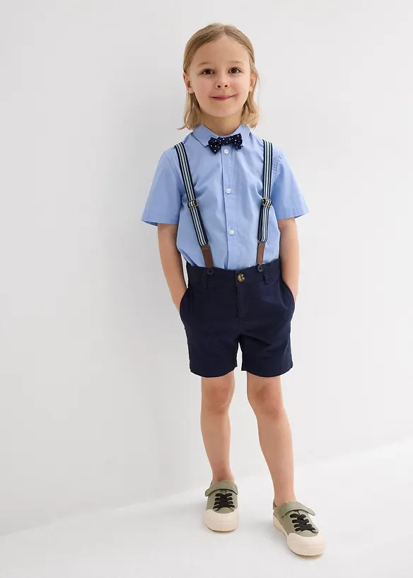 Overhemd met korte mouwen, chino bermuda, bretels en vlinderdas (4-dlg. set), bonprix
