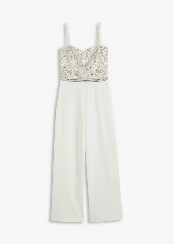 Bruidsjumpsuit van crêpe met structuur en parelborduursel, bonprix