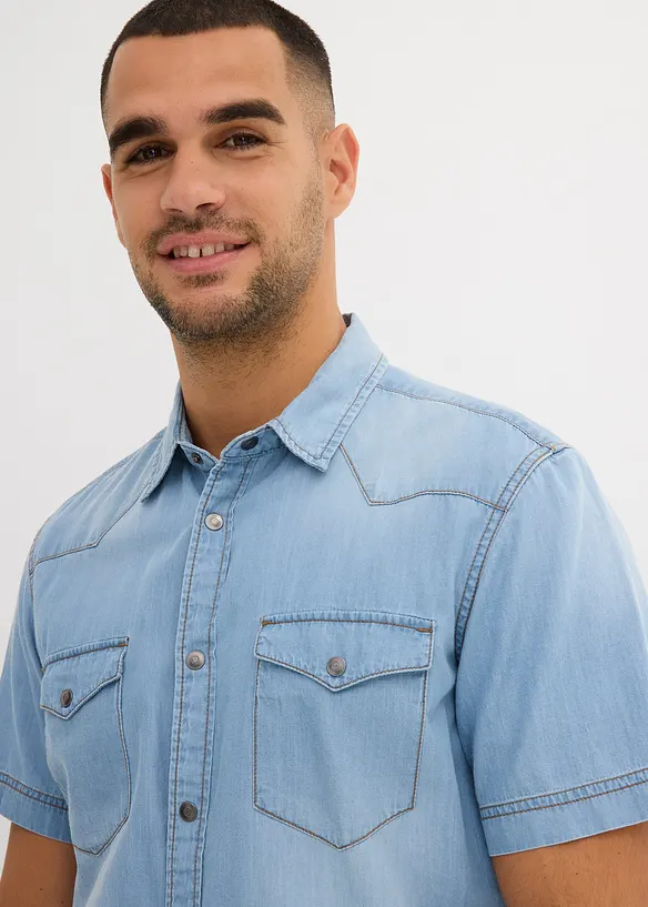 Spijkeroverhemd met korte mouw van biologisch katoen, slim fit, bonprix