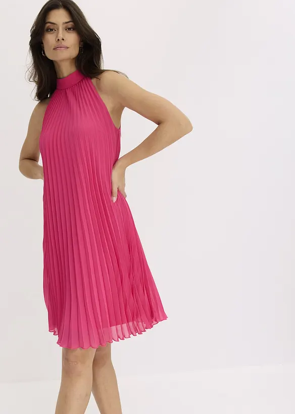 Jurk van fijn chiffon met plissé en bloemenapplicatie, bonprix