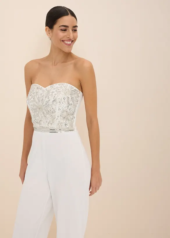 Bruidsjumpsuit van crêpe met structuur en parelborduursel, bonprix