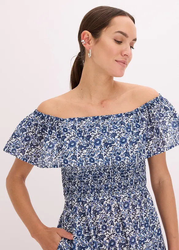 Boho midi jurk van licht katoen met een carmen-hals, bonprix