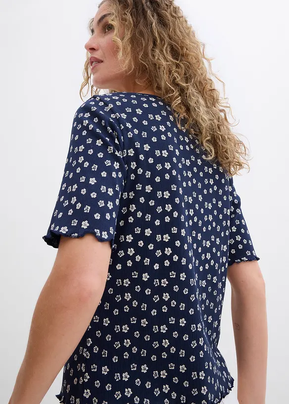 Geribd shirt met bloemenprint, halflange mouw, bonprix