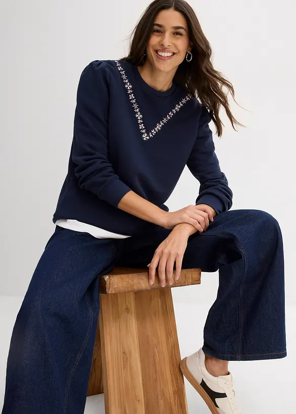 Sweater met borduursel van katoenmix, bonprix