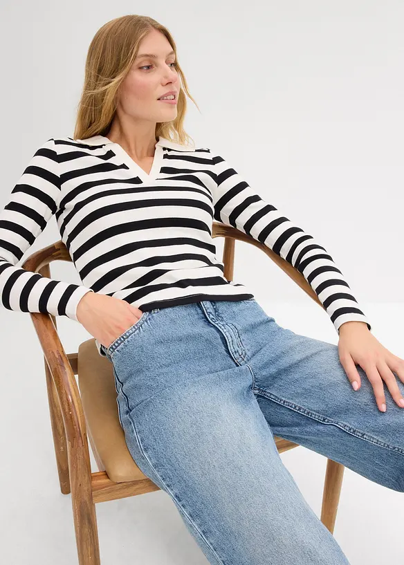 Geribd poloshirt met lange mouwen, bonprix