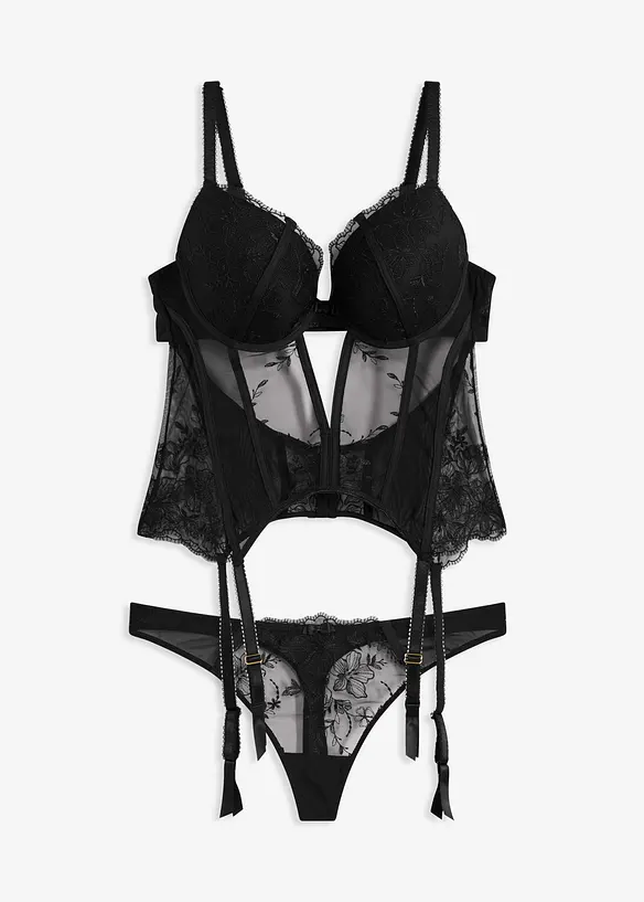 Bustier met beugels en string met elegant borduurwerk (2-dlg set), bonprix