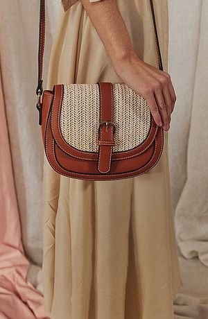 Dames - Schoudertas in rieten look - naturel/cognac