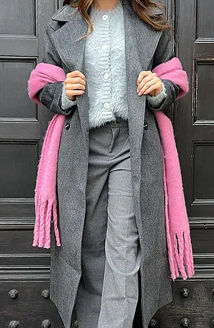 Dames - Lange oversized jas in wollen look met dubbele knopen - antraciet gemêleerd