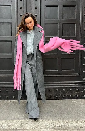 Dames - Lange oversized jas in wollen look met dubbele knopen - antraciet gemêleerd