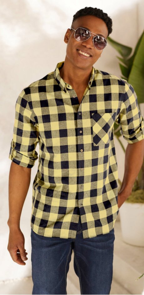 Heren - Overhemd met linnen, lange mouw - donkerblauw/soft geel geruit