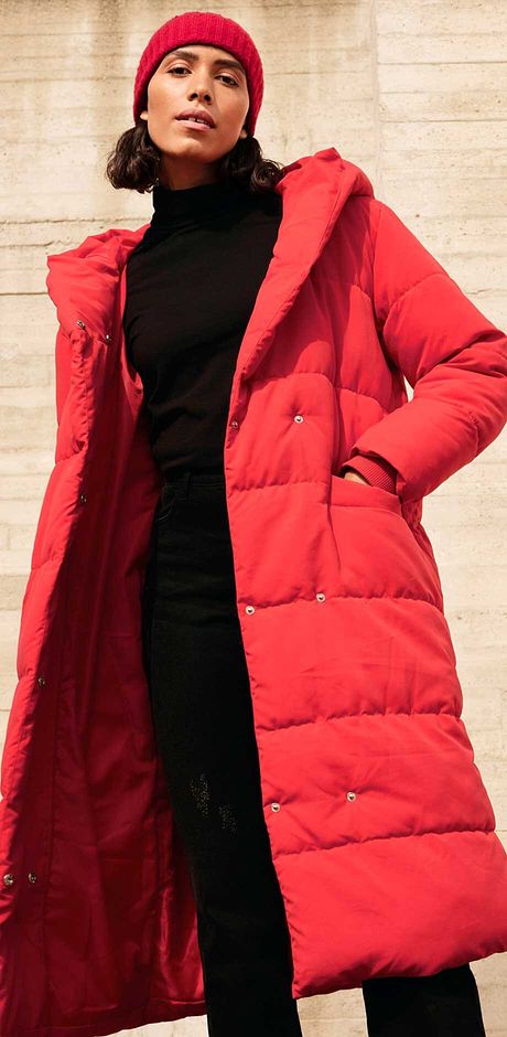 Dames - Lange, gewatteerde oversized jas met capuchon van gerecycled polyester - tomatenrood