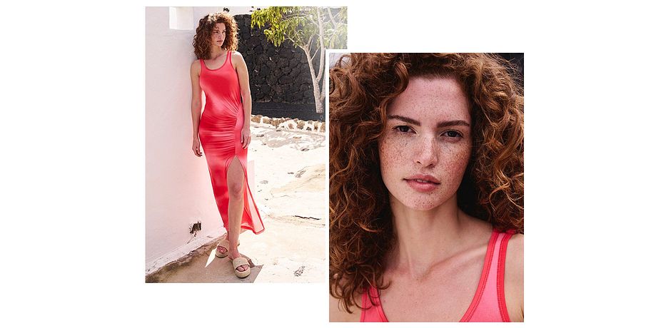 Inspiratie - Jersey jurk met plooitjes en cut-outs - rood/pink gedessineerd