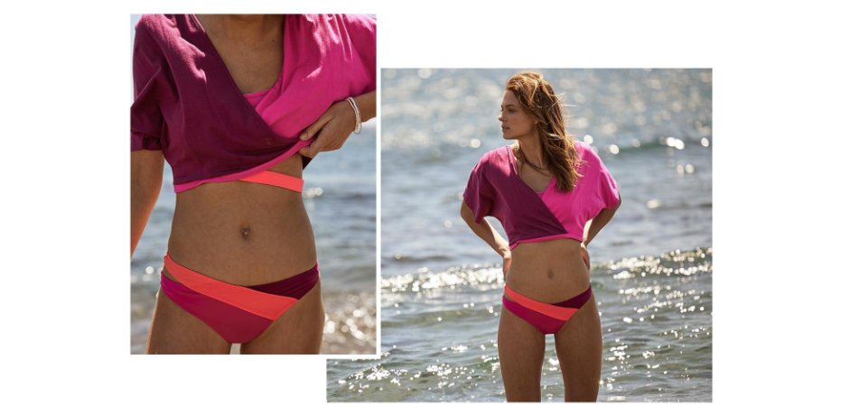 Dames - Bandeau bikini met gerecycled polyamide (2-dlg. set) - pink/bordeaux/koraal