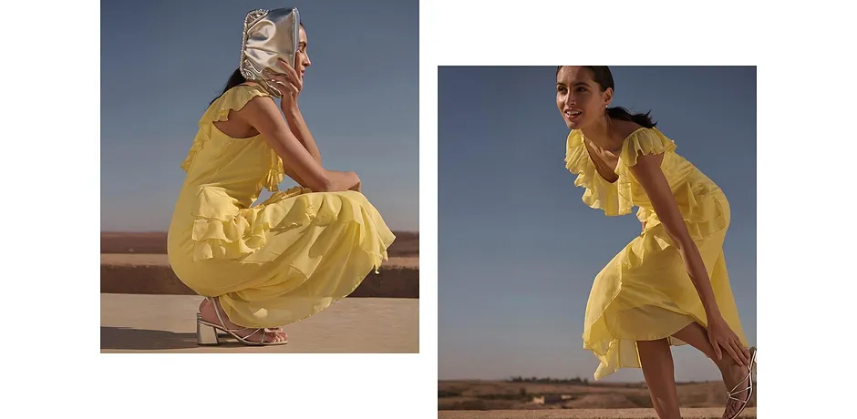 On trend - Maxi chiffon jurk met bandjes en volants - lichtgeel