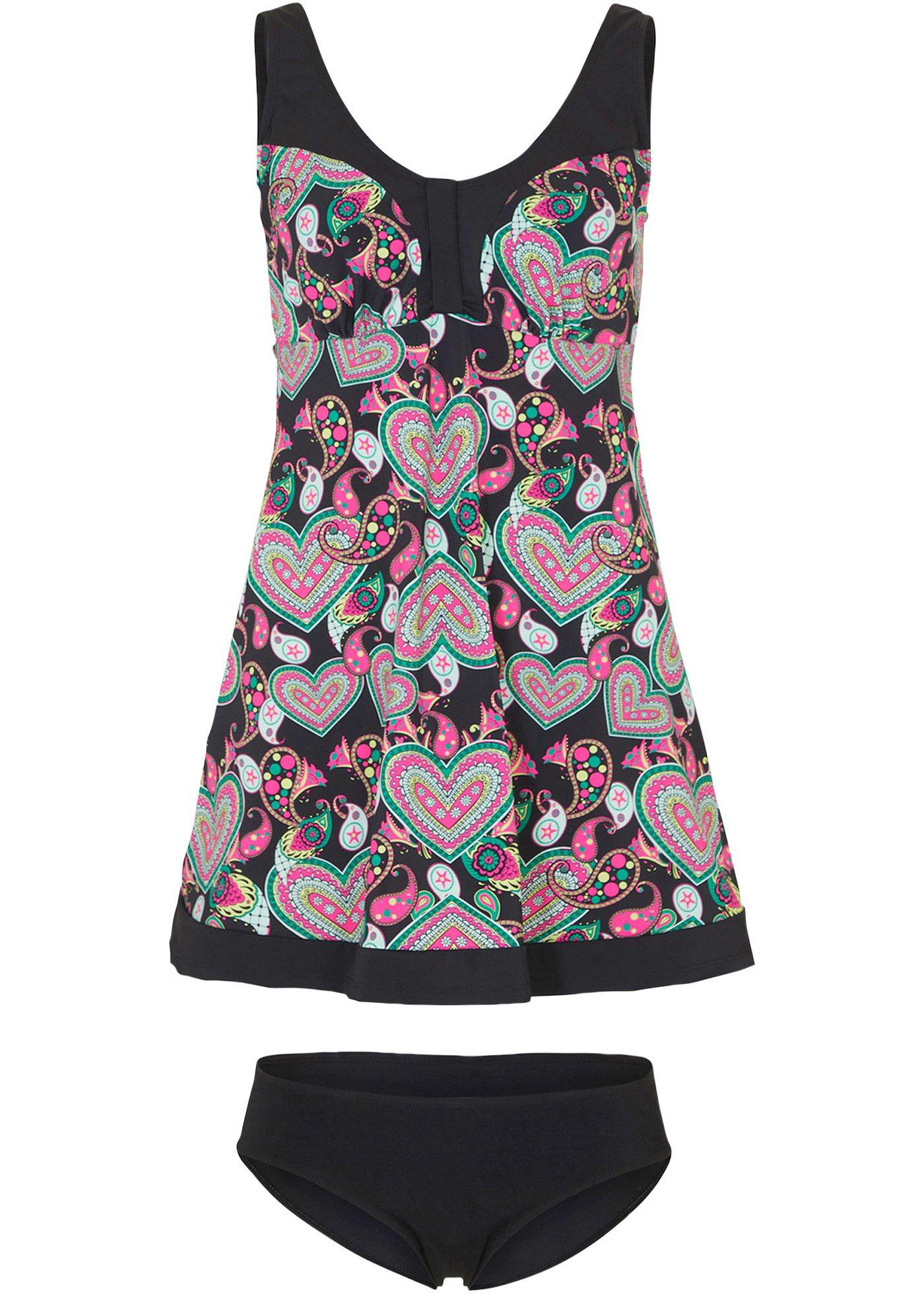 Verhullende tankini in lange maat met gerecycled materiaal zwart paisley