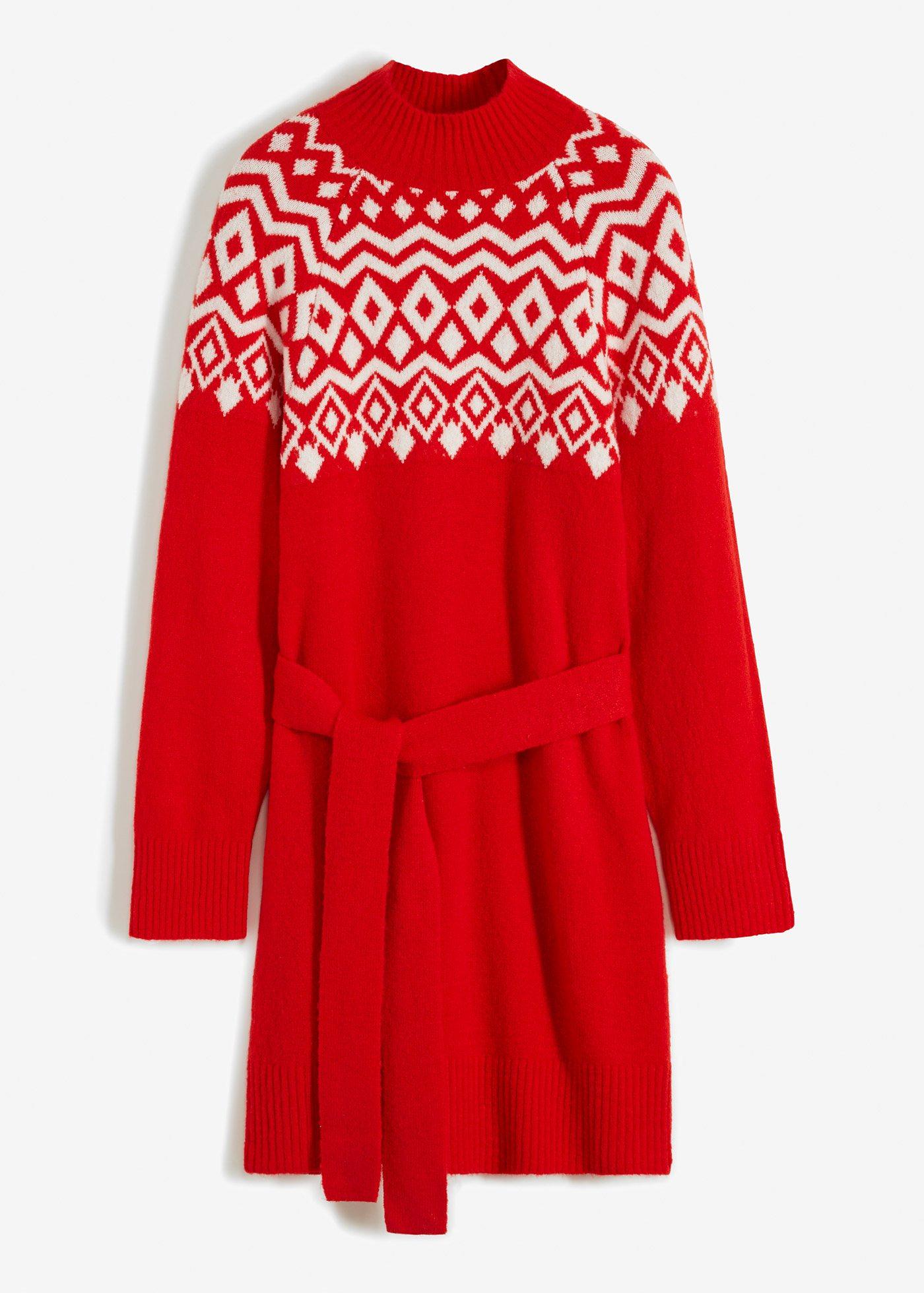 Trendy jurk van knitwear met een strikceintuur aardbeirood Noors