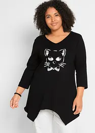 Puntig toelopend longshirt van katoen met poezenprint, 3/4 mouw, bonprix