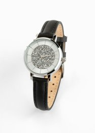 Horloge met leren bandje en kristallen, bpc bonprix collection