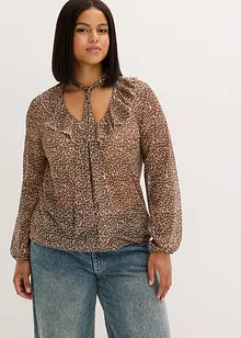 Mesh shirt met volant en strikhals, bonprix
