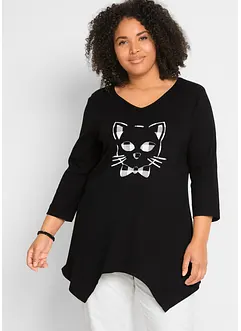 Puntig toelopend longshirt van katoen met poezenprint, 3/4 mouw, bonprix