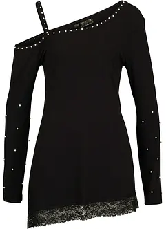 Cold shoulder shirt met kant en parels, bonprix