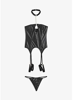 Bustier met jarretels en string in wetlook (2-dlg. set), VENUS