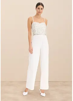 Bruidsjumpsuit van crêpe met structuur en parelborduursel, bonprix