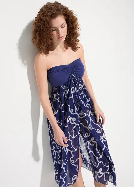 Transparante strandjurk met een bandeau top middernachtblauw wit grafische print