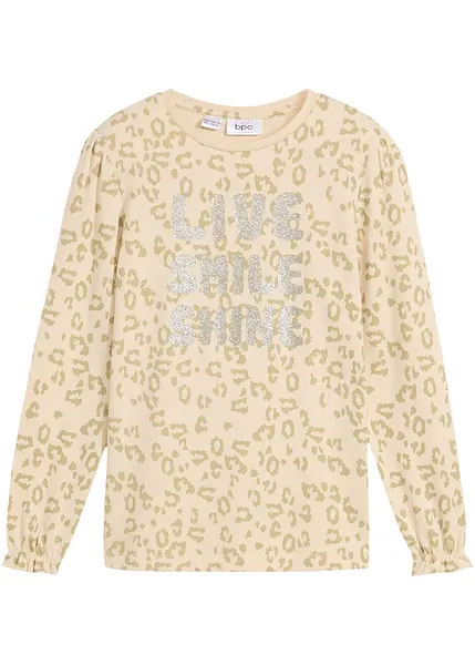 Leuke longsleeve voor meiden met een glitterprint lichtsand gedessineerd