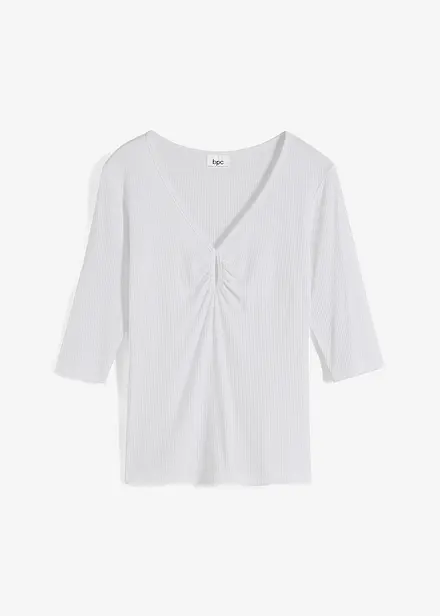 Geribd shirt met V-hals, halflange mouw