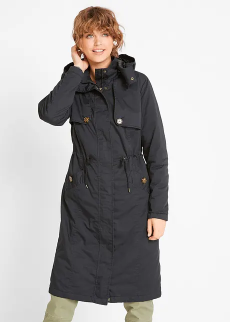 Lange trenchcoat met capuchon, getailleerd, licht gewatteerd, bonprix