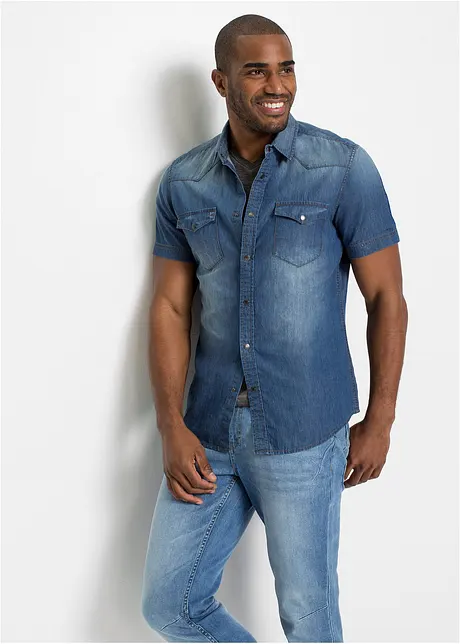Spijkeroverhemd met korte mouw van biologisch katoen, slim fit, bonprix